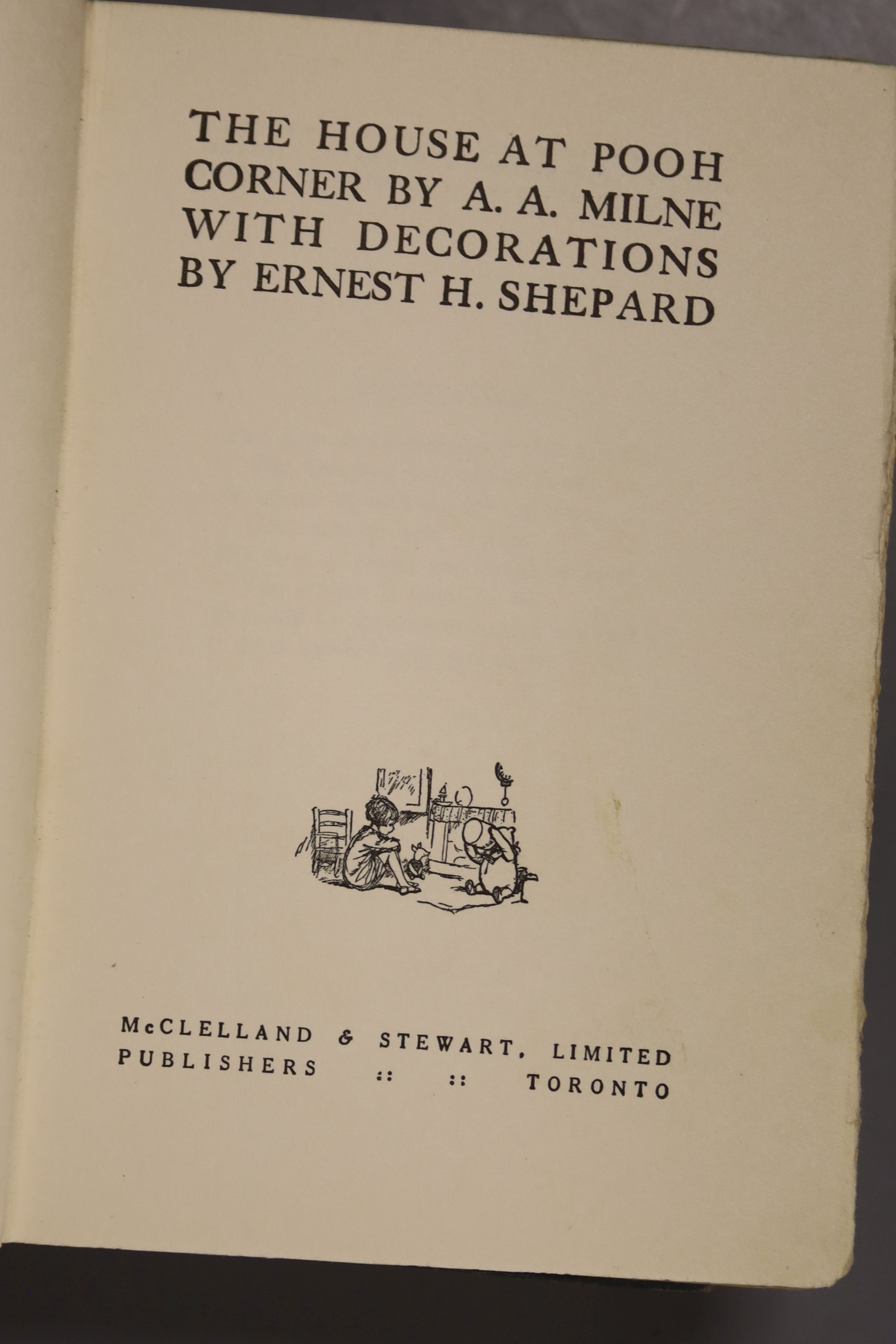 Milne, A.A – Winnie The Pooh, second edition, 8vo, cloth bound, (dj missing, inscribed, scuffs to covers, internal break to the spine) Methuen, London 1926., Milne, A.A – The House At Pooh Corner, first Canadian edition,